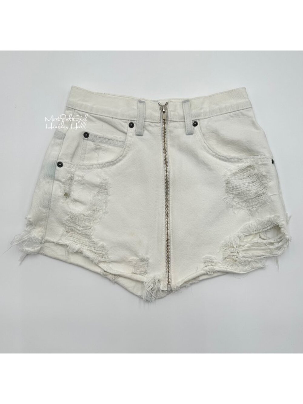 Carmar White Distressed High-Waisted Denim Skirt with Front Zipper Closure